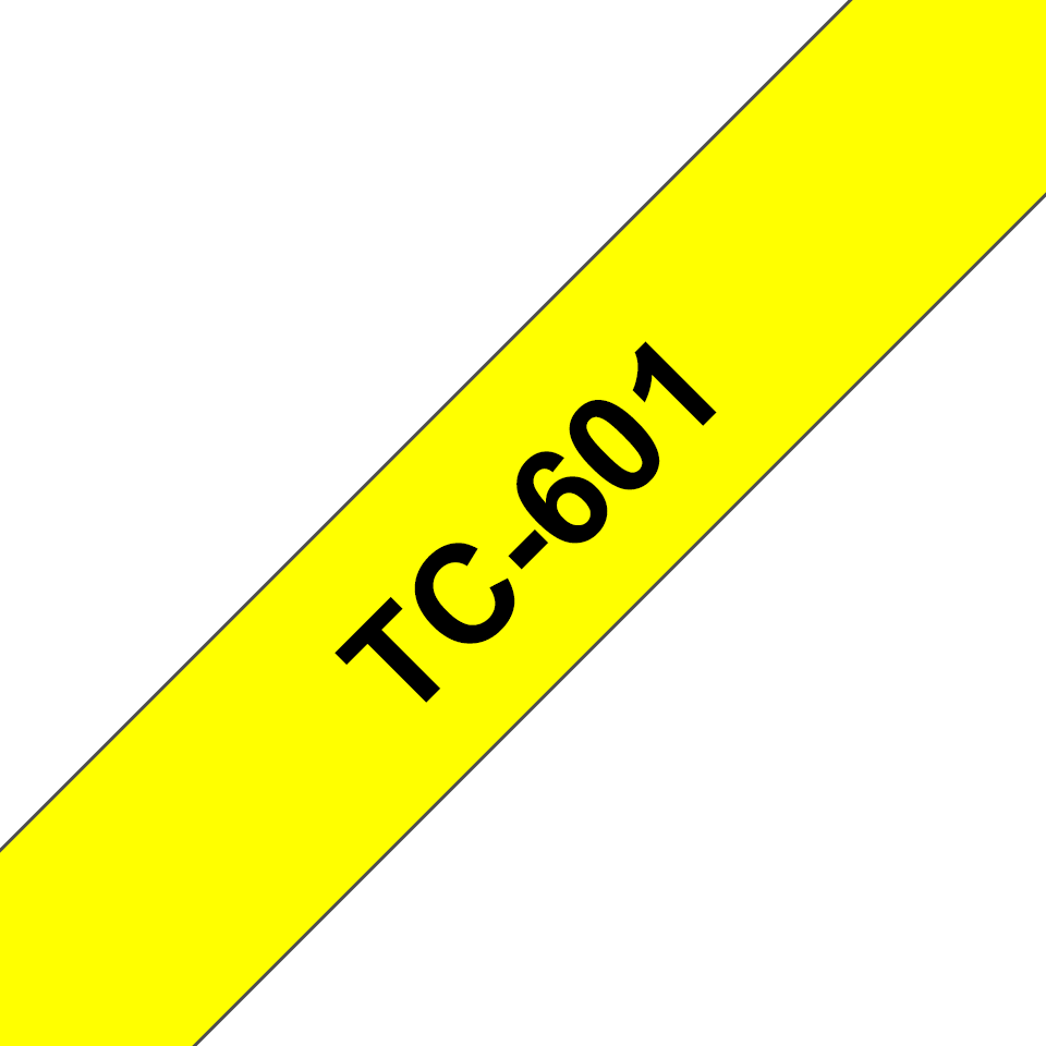 Oriģināla Brother TC-601 uzlīmju lentes kasete – melnas drukas, dzeltena, 12mm plata